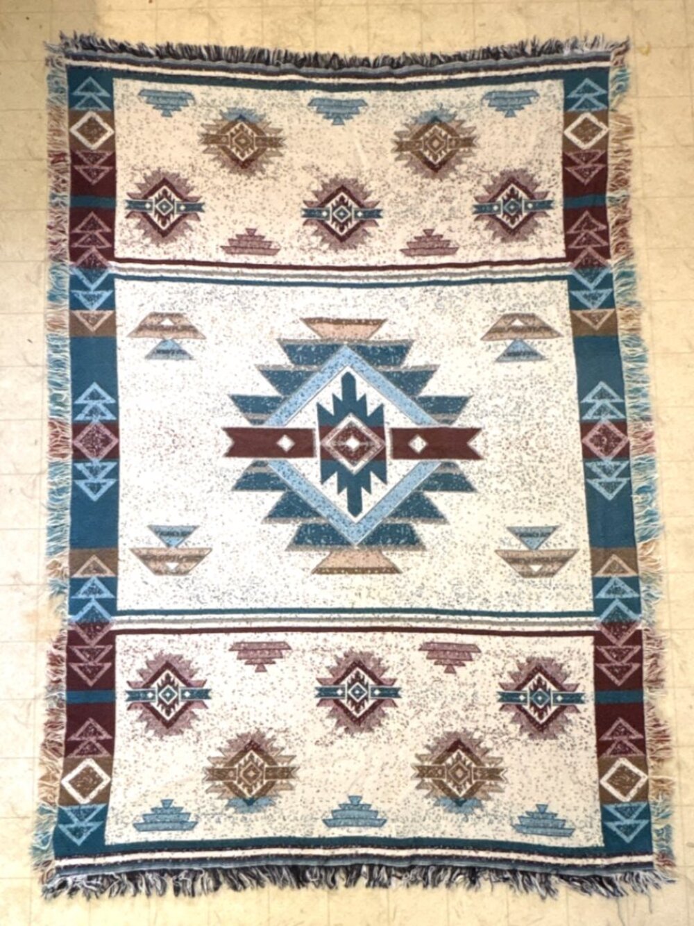 Southwestern Geometric Kilim Style Woven Fringe Tapestry Blanket 48x70”
